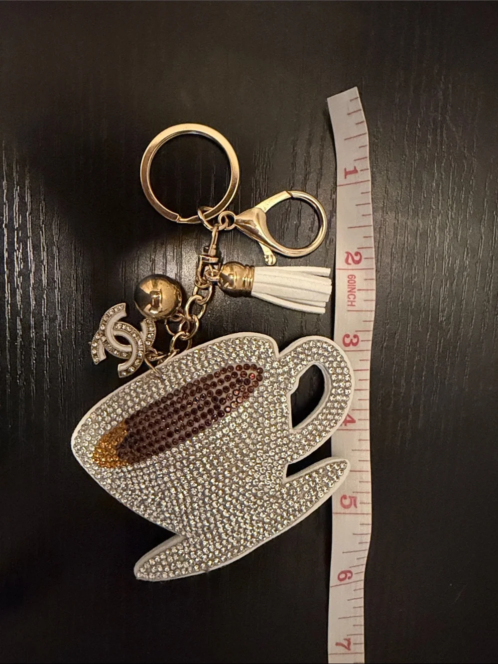 Inspired Rhinestone Tea/Coffee Cup Key & Card Holder Charm - White and Gold